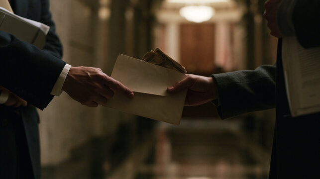 Hands passing a cash filled envelope in a dim marble corridor