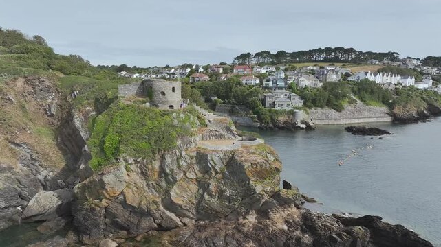 St Catherine's Castle over River Fowey from a drone, Fowey, Cornwall, England