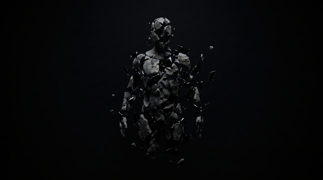 Fragmented stone human silhouette floating in dark background with shattered debris pieces.