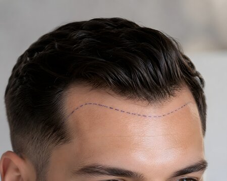 Hair transplant hairline design with surgical blue marking on man forehead. Male hair loss solution and restoration planning in medical clinic