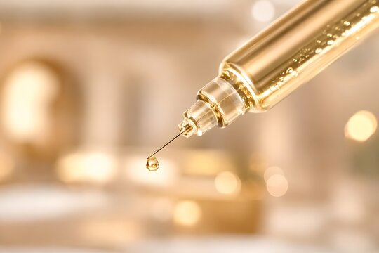 Mesotherapy vitamin cocktail injection with crystal clear golden micro droplet on needle tip. Premium biorevitalization cosmetic syringe concept