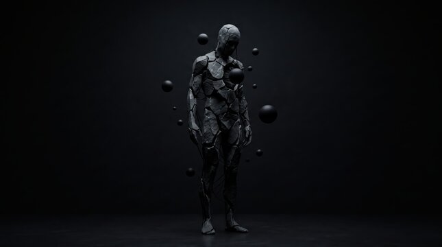 Abstract human figure made of fragmented stone surrounded by floating spheres, dark, surreal.