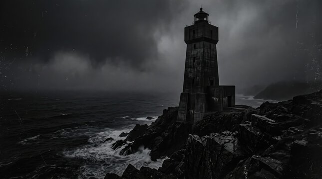 Old lighthouse standing on dark craggy rocks amidst crashing ocean waves in gloomy weather.