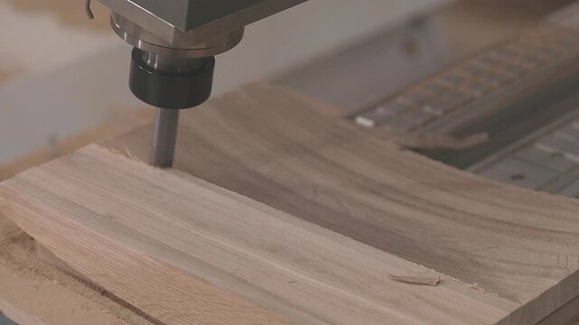 CNC Router Cutting Complex Wooden Shapes. Precision CNC Wood Cutting Process. Close-up of an automated CNC router machine head precisely milling and shaping a wooden workpiece 