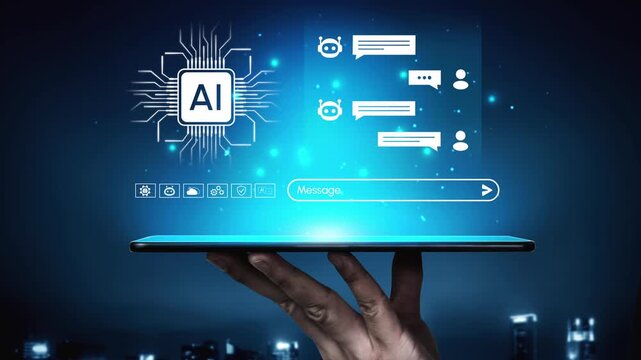 Hand Holding Tablet Displaying AI Technology and Message Interface Against Futuristic Background with Chat Icons and Circuit Design. Entropy.