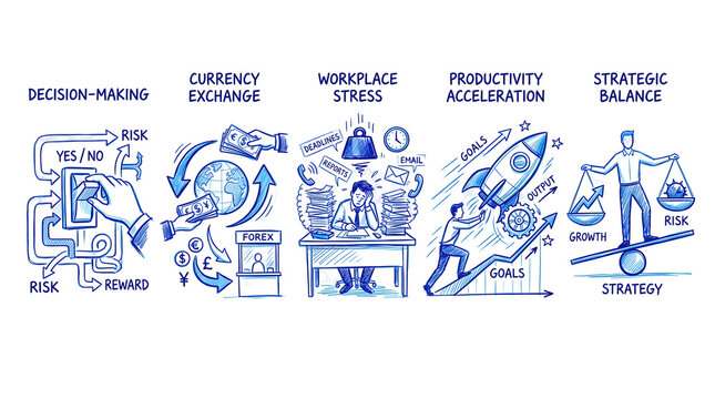 Hand-drawn business concept icons illustrating teamwork, stress, and strategic planning workflows