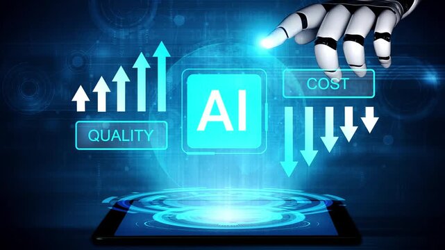 Futuristic Robot Hand Interacting with AI Metrics Display on a Digital Tablet, Highlighting Cost and Quality Trends in Technology and Innovation Gluon.