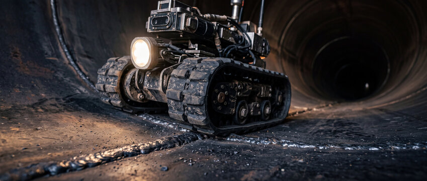 Industrial inspection robot crawler with light navigating inside large metal pipe tunnel for maintenance