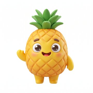 Cute 3D cartoon pineapple character with smiling face waving hand isolated on white background for healthy food mascot branding