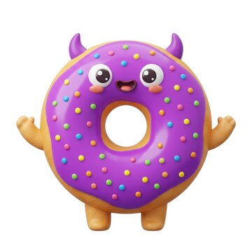 Glossy 3D purple donut monster character with sprinkles and horns, isolated on white background for playful graphic design.