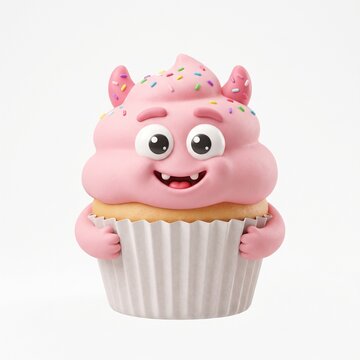Cute 3D rendered pink cupcake monster character with colorful sprinkles and expressive face isolated on white background