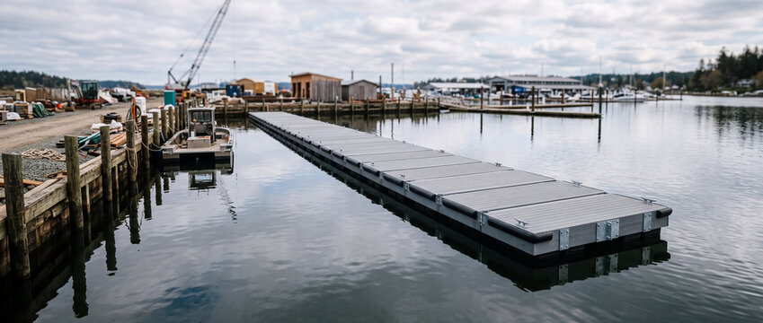 Floating dock and marina pier at a quiet harbor with overcast sky and waterfront buildings