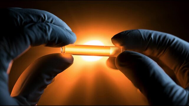 A person in gloves holds a small clear tube in a dark room with orange light illuminating it from behind. The focus is on the tube.