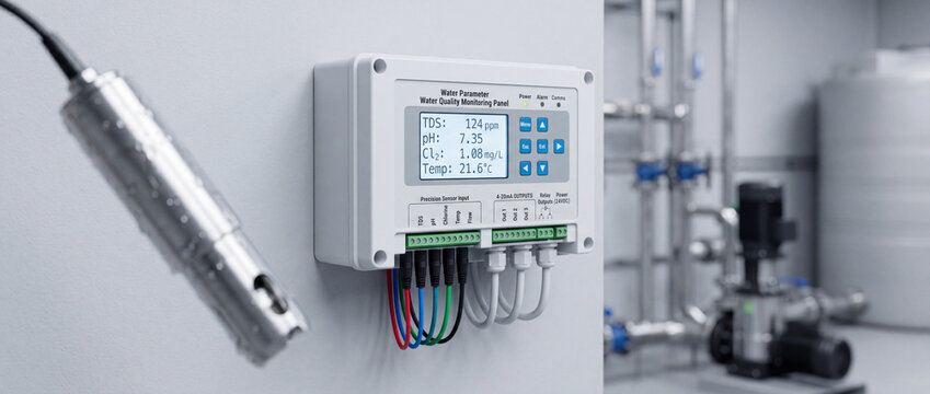 Water quality monitoring panel with sensors in industrial water treatment plant control room
