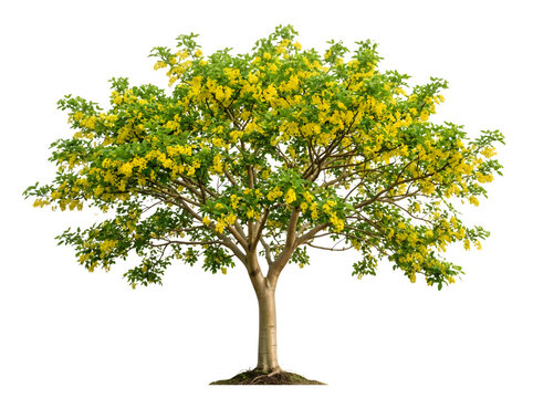 A beautiful golden shower tree cassia fistula in full bloom with vibrant yellow flowers, isolated on transparent background
