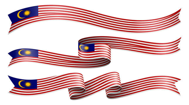 Malaysia flag ribbons set, waving Malaysian national banners on white background, patriotic red and white striped satin streamers