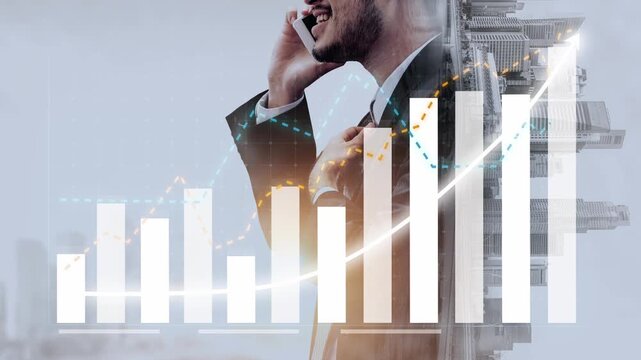 A businessman engaged in a phone call showcases confidence and ambition, surrounded by a digital financial chart, representing growth and success in the corporate world. Copula