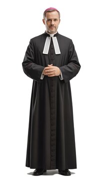 Catholic priest wearing black cassock and clerical collar standing with religion