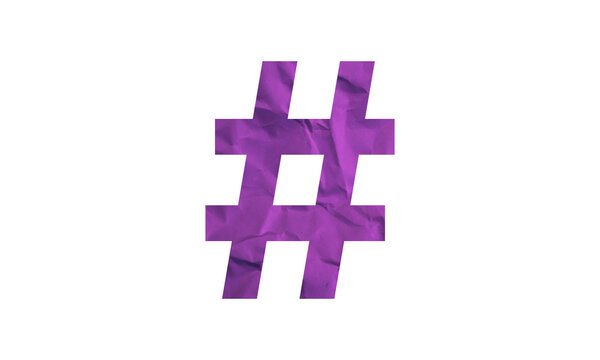 Purple hashtag symbol with a textured crumpled paper effect on a clean white background