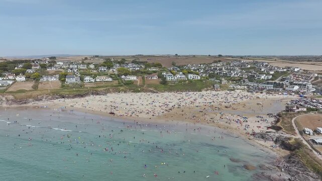 Polzeath Beach over Padstow Bay from a drone, Polzeath, Cornwall, England, Summer 2026