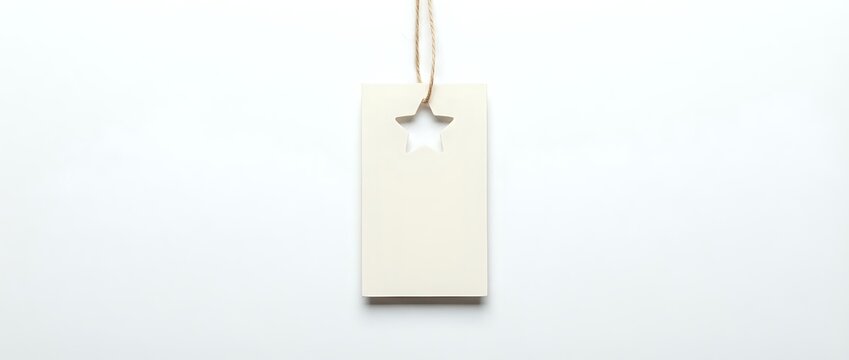 Blank cream colored price tag or label hanging from twine string