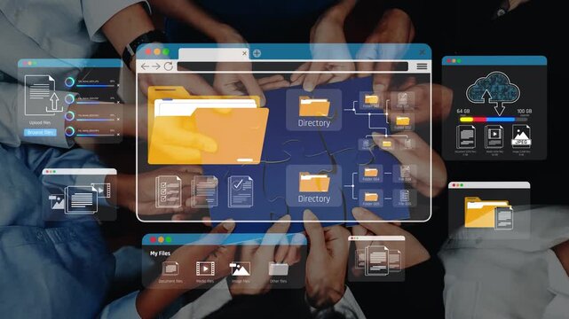 Collaborative Digital File Organization Concept with Multiple Hands and Folder Icons Representing Teamwork in a Modern Workspace Sigmoid