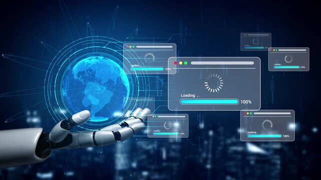 Futuristic robotic hand presenting digital interface with global data loading symbols and technology elements in a high-tech environment Gluon.