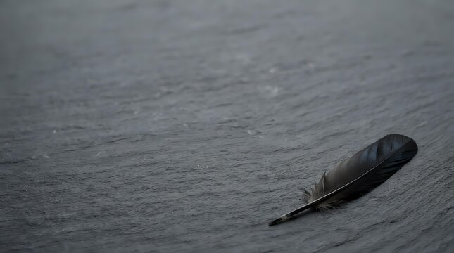 Single black feather resting on gray textured surface