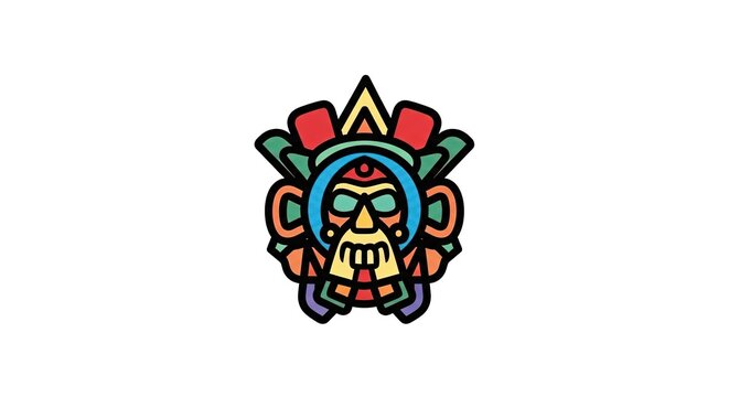 Vibrant Aztec Sun God Mask Icon, Stylized Mayan Warrior Face, Ancient Culture Symbol, Flat Design with Black Outline
