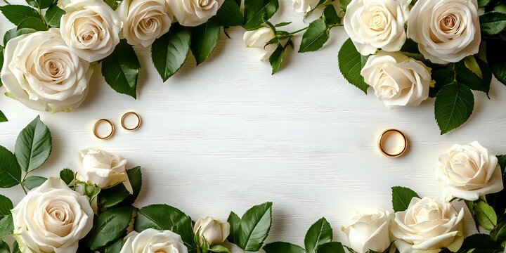 Cream and beige roses with green foliage arranged in a circular frame