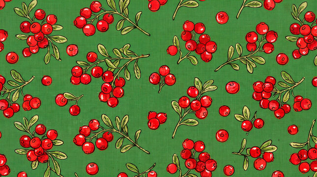 a charming scattered pattern of clusters of red cranberries on a solid forest green background