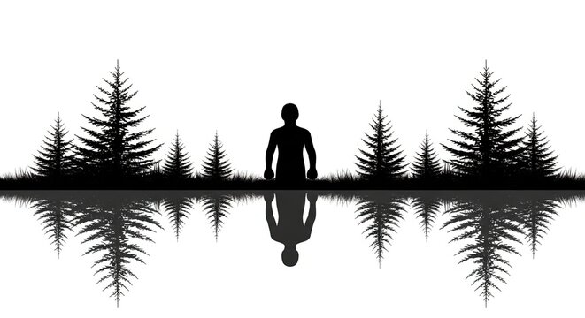 Silhouette of a lone person reflected in calm water amidst pine trees and grass, minimalist concept.