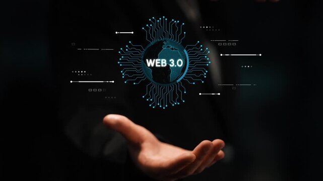 Person presenting digital concept of Web 3.0 with globe and circuit patterns in dark background representing technology and innovation transformation globally. Entropy.