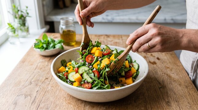 Hands tossing fresh garden salad with colorful vegetables in bright kitchen setting