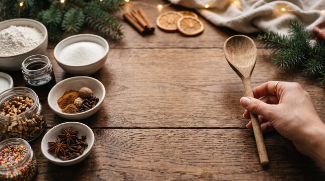 Hand arranging wooden spoon on rustic table with natural cooking ingredients and spices
