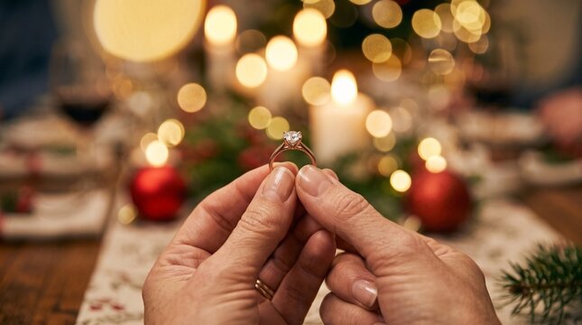 Close-up of hands slicing traditional Italian holiday panettone cake on festive dinner table with candles