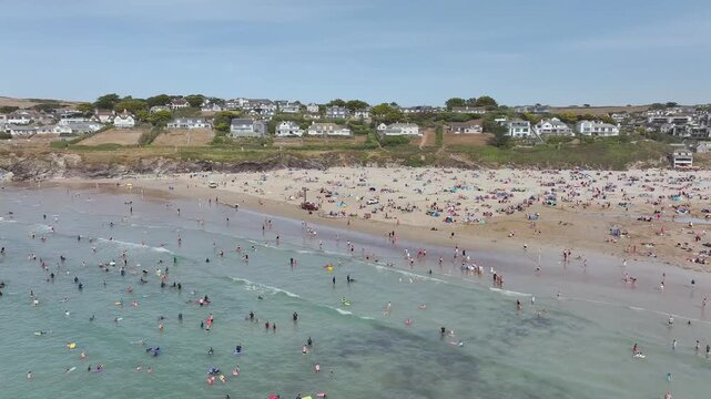 Polzeath Beach over Padstow Bay from a drone, Polzeath, Cornwall, England, Summer 2026