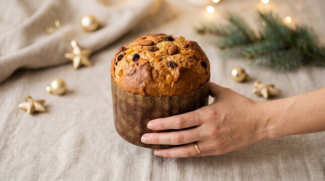Person presenting festive panettone bread for Christmas celebration
