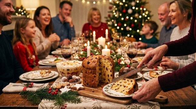 Family serving festive panettone cake at cozy Christmas dinner celebration with candles and decorations