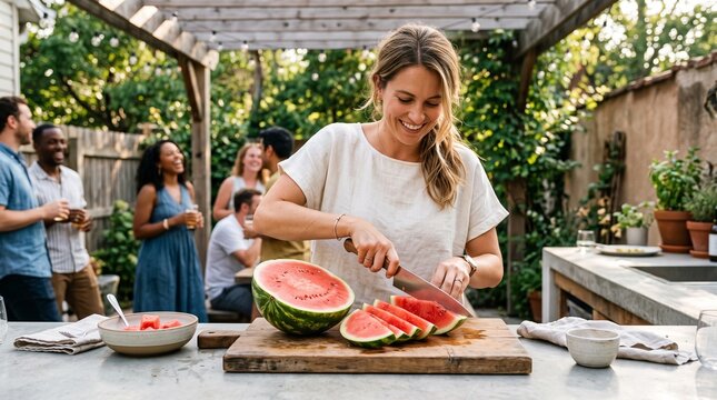 Woman slicing watermelon outdoors at summer barbecue party