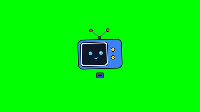 Cute blue cartoon television character with a smiling face on a green screen