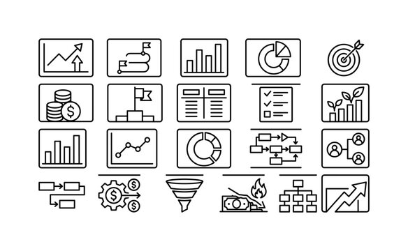 Startup Infographic Cards, line icon set featuring KPI card, timeline card, pie chart card, roadmap card, target card, finance card, milestone card, comparison card, checklist card, growth card,
