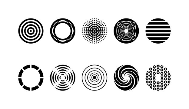 Circular Halftone Geometry, solid glyph icon set featuring concentric circle, ripple ring, halftone disk, optical tunnel, striped circle, broken ring, radial wave, expanding circle, swirl pattern,
