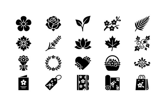 Colourful Floral Print, solid glyph icon set featuring flower, rose, leaf, bouquet, blossom, floral ornament, card, label, notebook, wrapping roll, covering spring, summer, romantic decoration,