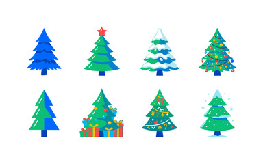 Obraz premium Hand Drawn Fir Trees, bright flat vector icon set featuring sketch pine, star-topped fir, snowy tree, ornament tree, minimalist tree, gift tree, covering Christmas, New Year, winter cards, seasonal