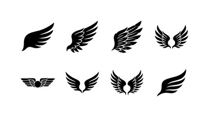 Naklejka premium Decorative Wing Collection, solid glyph icon set featuring angel wing, bird wing, feather wing, heraldic wings, aviation emblem, freedom badge, tattoo wings, covering spirituality, aviation, tattoos,