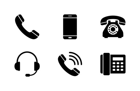 Phone Contact Essentials, solid glyph icon set featuring handset, mobile phone, rotary phone, support receiver, ringing phone and office telephone, covering communication, customer service, business