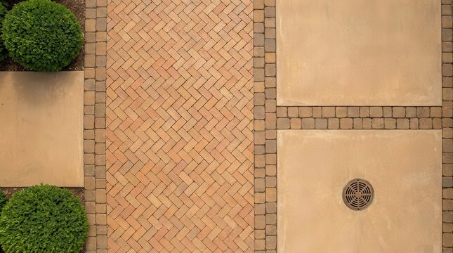 Top View of a Modern Backyard Patio with Brick Herringbone Paving and Concrete Tiles