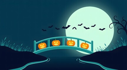 Naklejka premium Spooky halloween night scene with glowing jack o lanterns on a bridge under a full moon