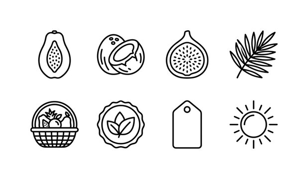 Tropical Fruit Trio, line icon set featuring papaya half, coconut half, fig slice, palm leaf, fruit basket, organic badge, culinary label and tropical sun, covering tropical fruits, healthy food,